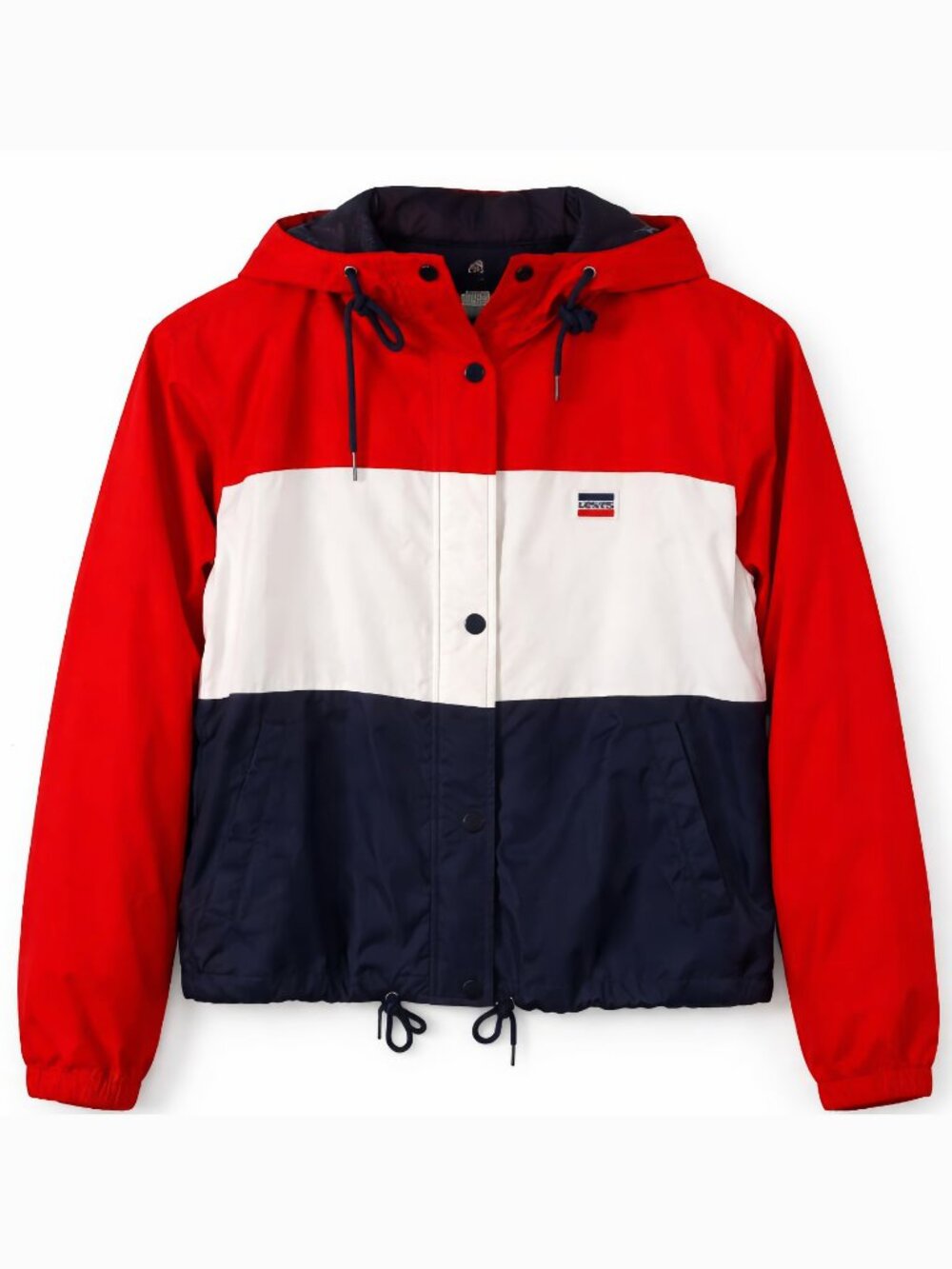 Levis Hooded Windbreaker Jacket Colorblock Red White Blue Nylon Zip Snap L